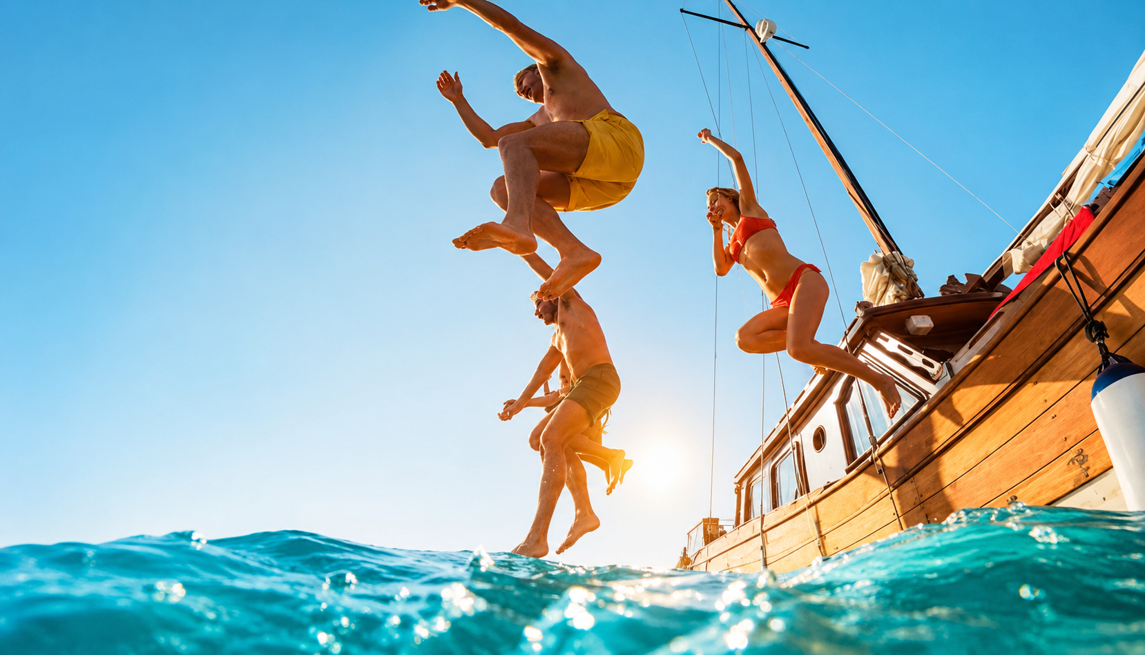 Guests jumping off a boat into the Aegean sea near Athens