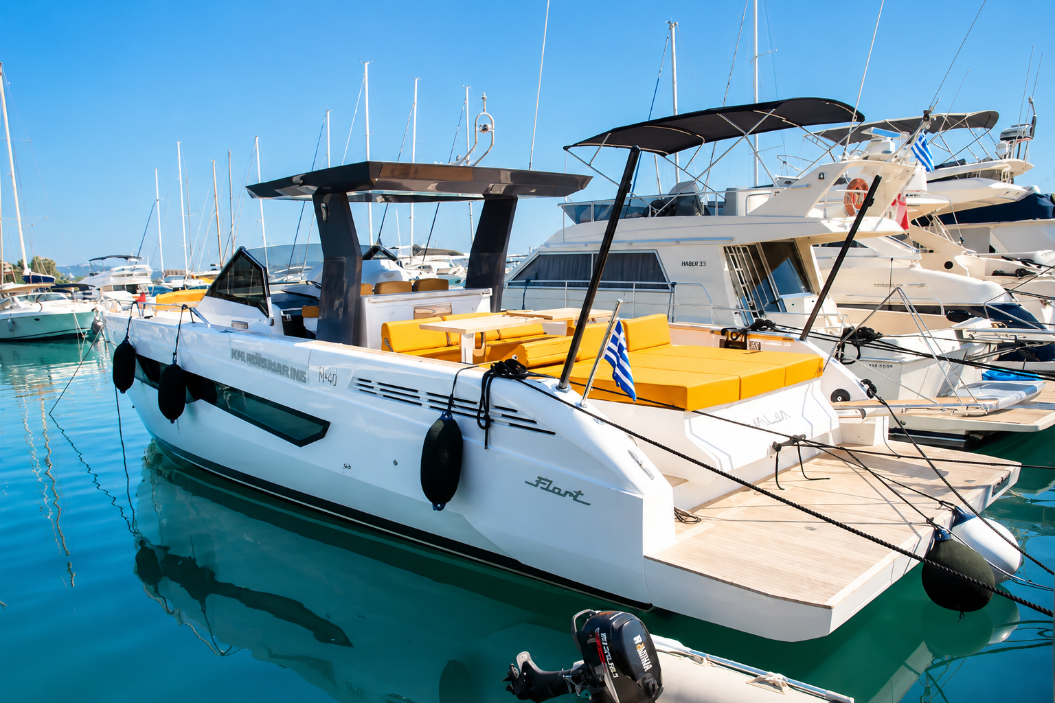 Luxury motorboat docked in an Athens marina, Boat4all fleet
